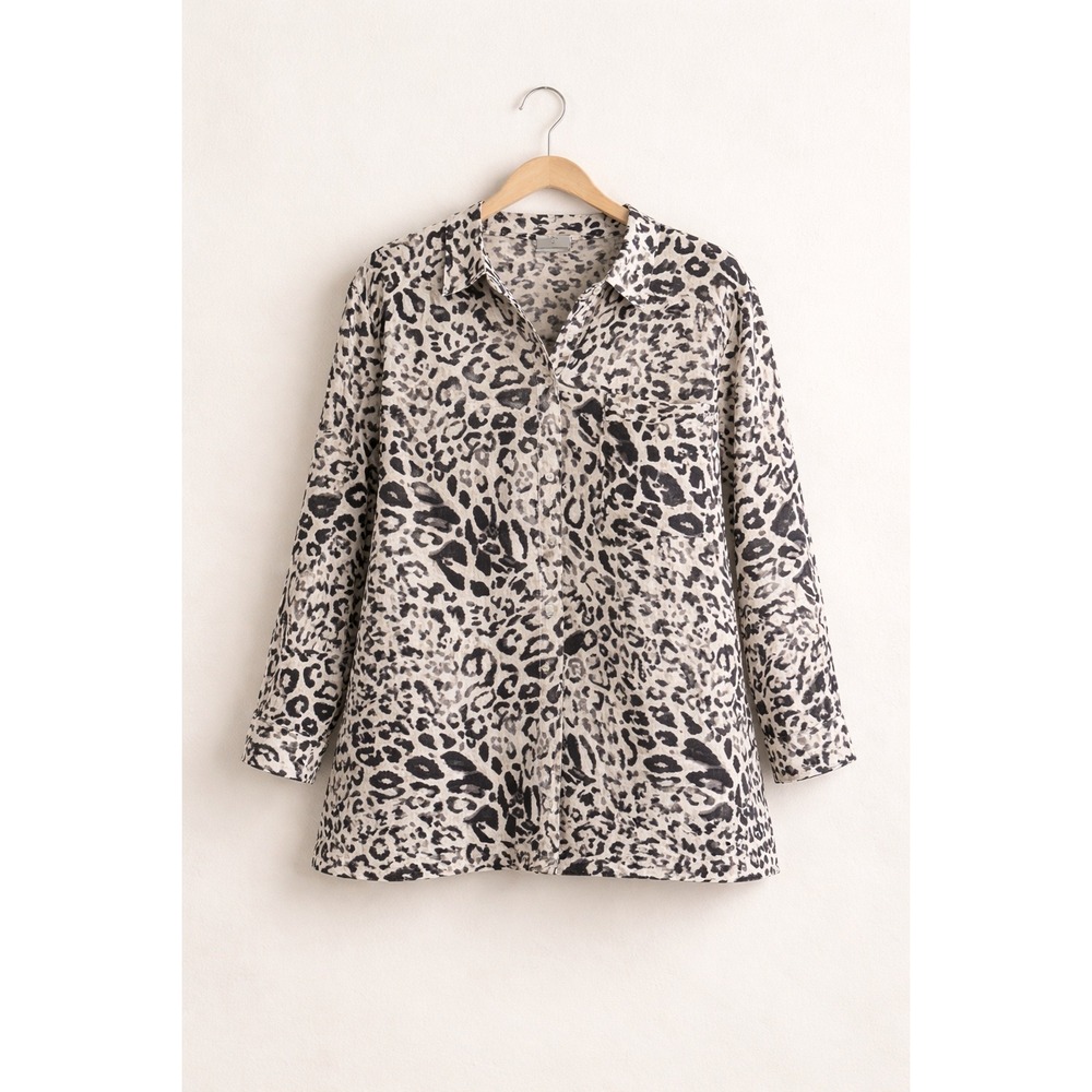 JM Collection Blouse Women 18W Animal Print Linen Long Sleeve Button Front Matur